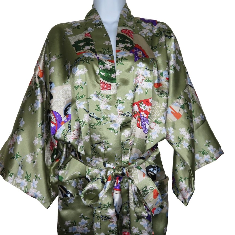 Vintage Full Length Satin Kimono Robe OS Green Keisha Fans Floral Belted New